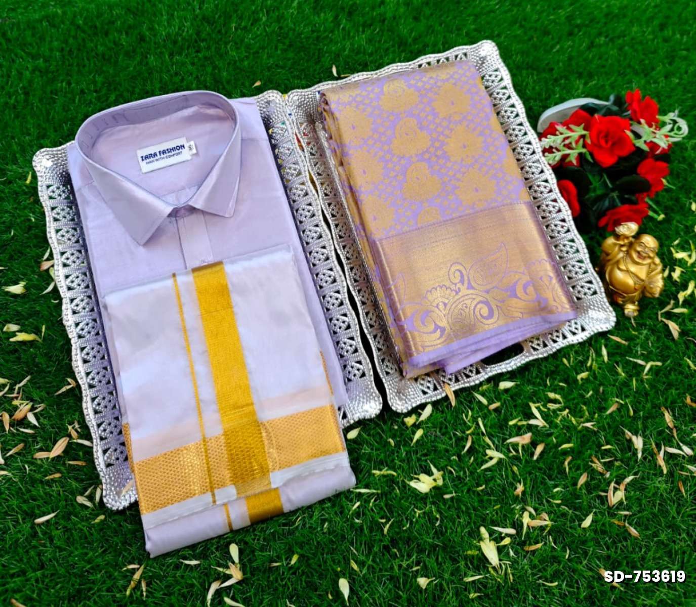 Elegant Silk Dhoti Shirt & Saree Couple Combo coordinated look for special occasions - LEVENDOR (3)