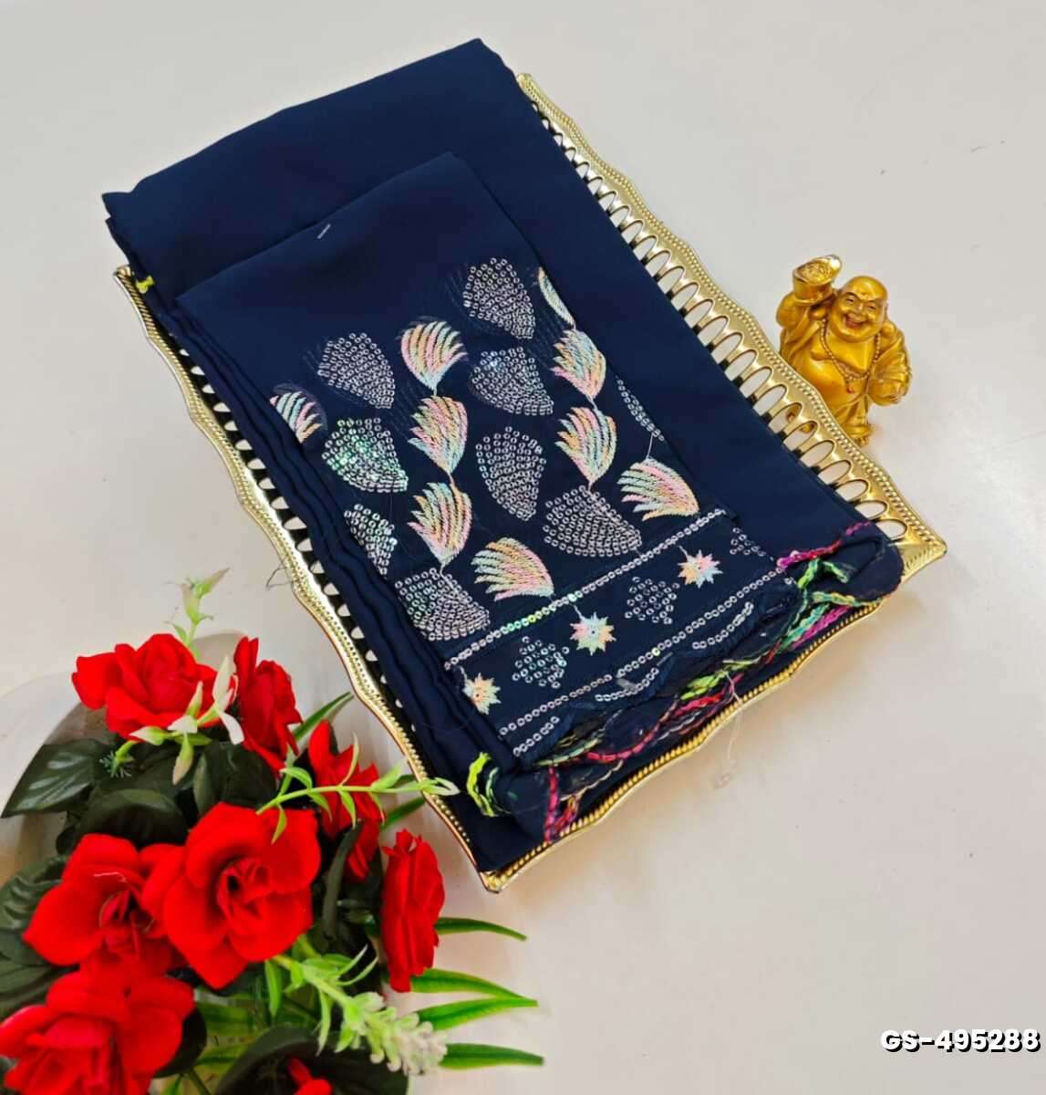 GEORGETTE FANCY SOFT SILK SAREES WITH BLOUSE MODERN FANCY ITEM SAREES - PEACKOK BLUE (8)