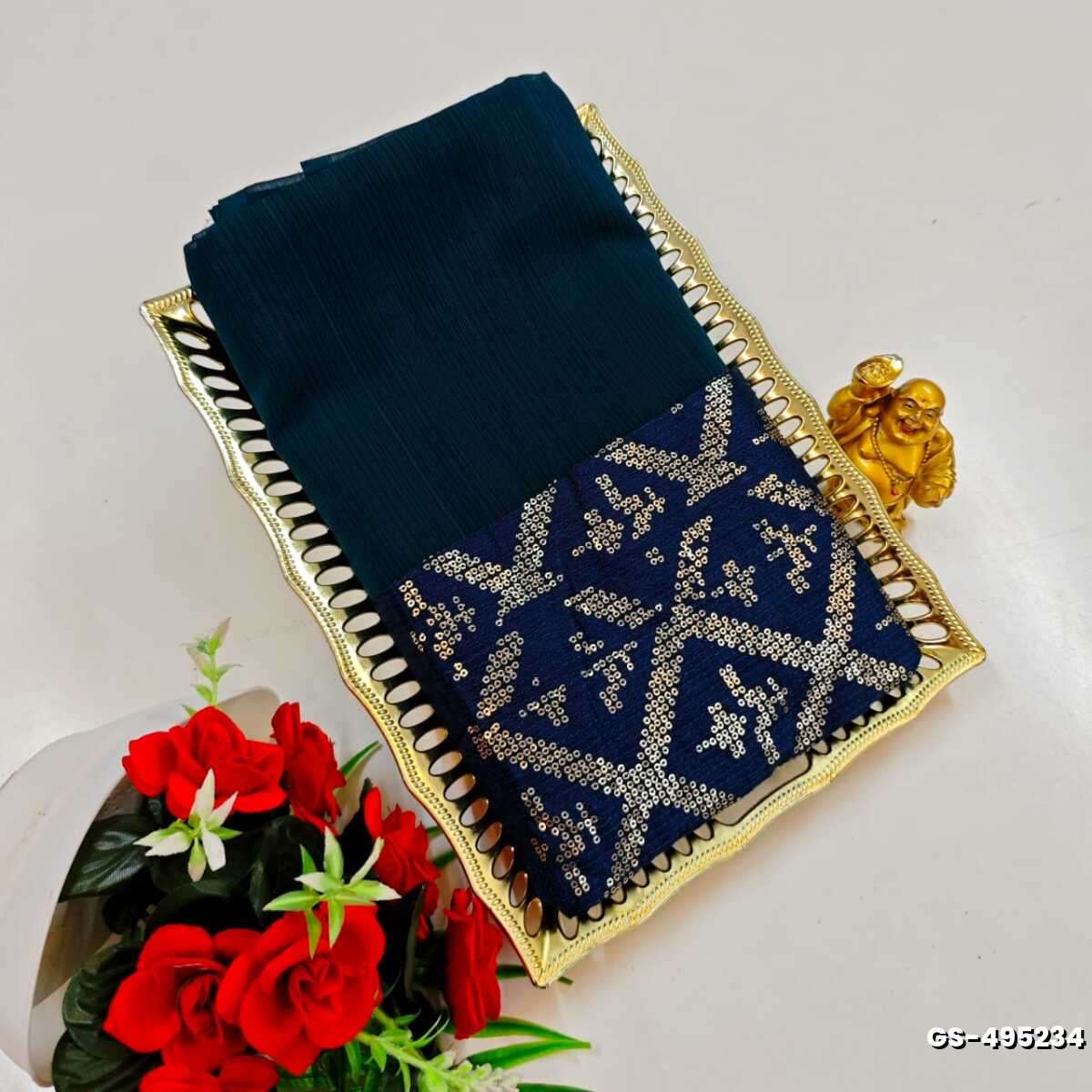 GEORGETTE FANCY SOFT SILK SAREES WITH BLOUSE MODERN FANCY ITEM SAREES - PEACOCK BLUE (4)