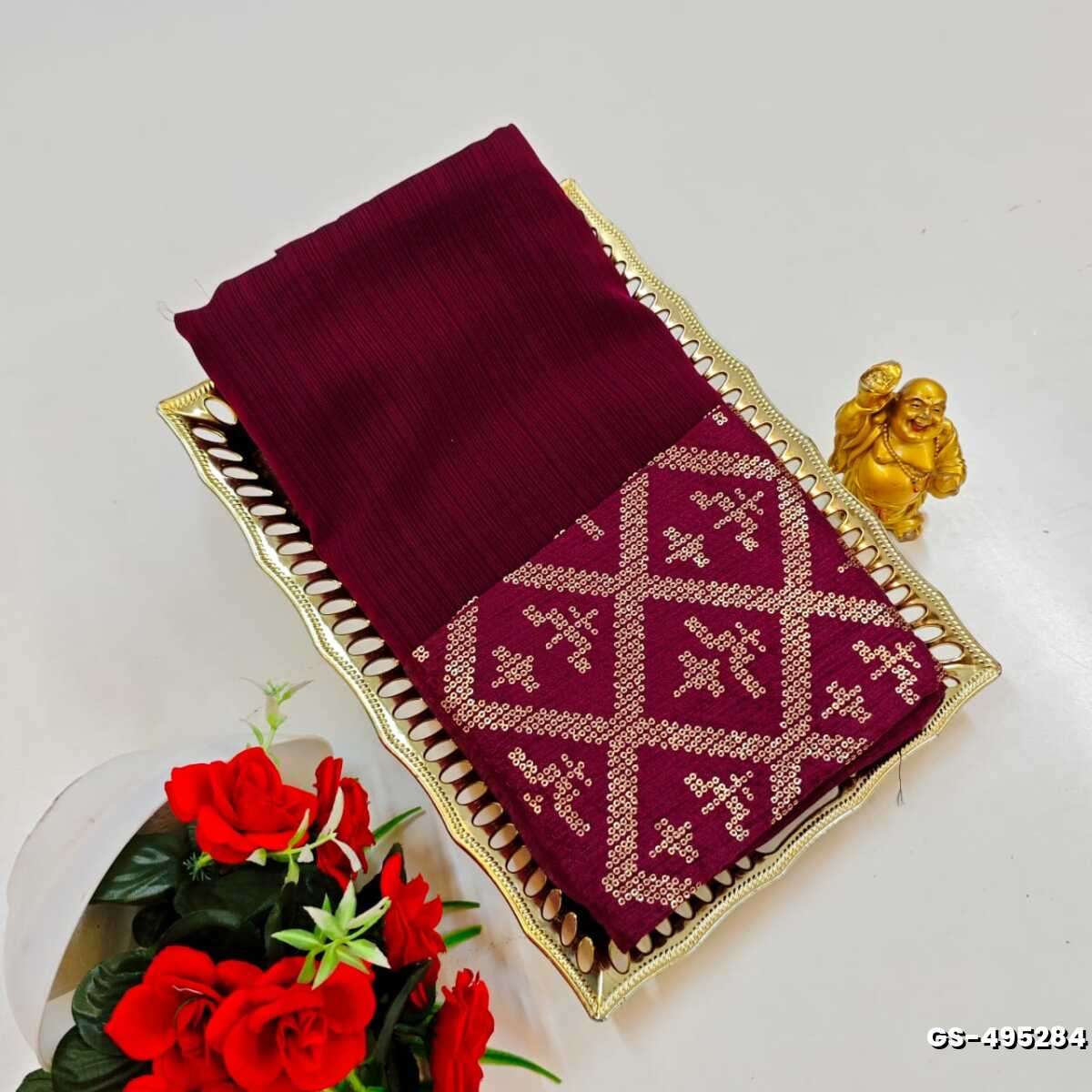 GEORGETTE FANCY SOFT SILK SAREES WITH BLOUSE MODERN FANCY ITEM SAREES - WINE COLOUR (4)