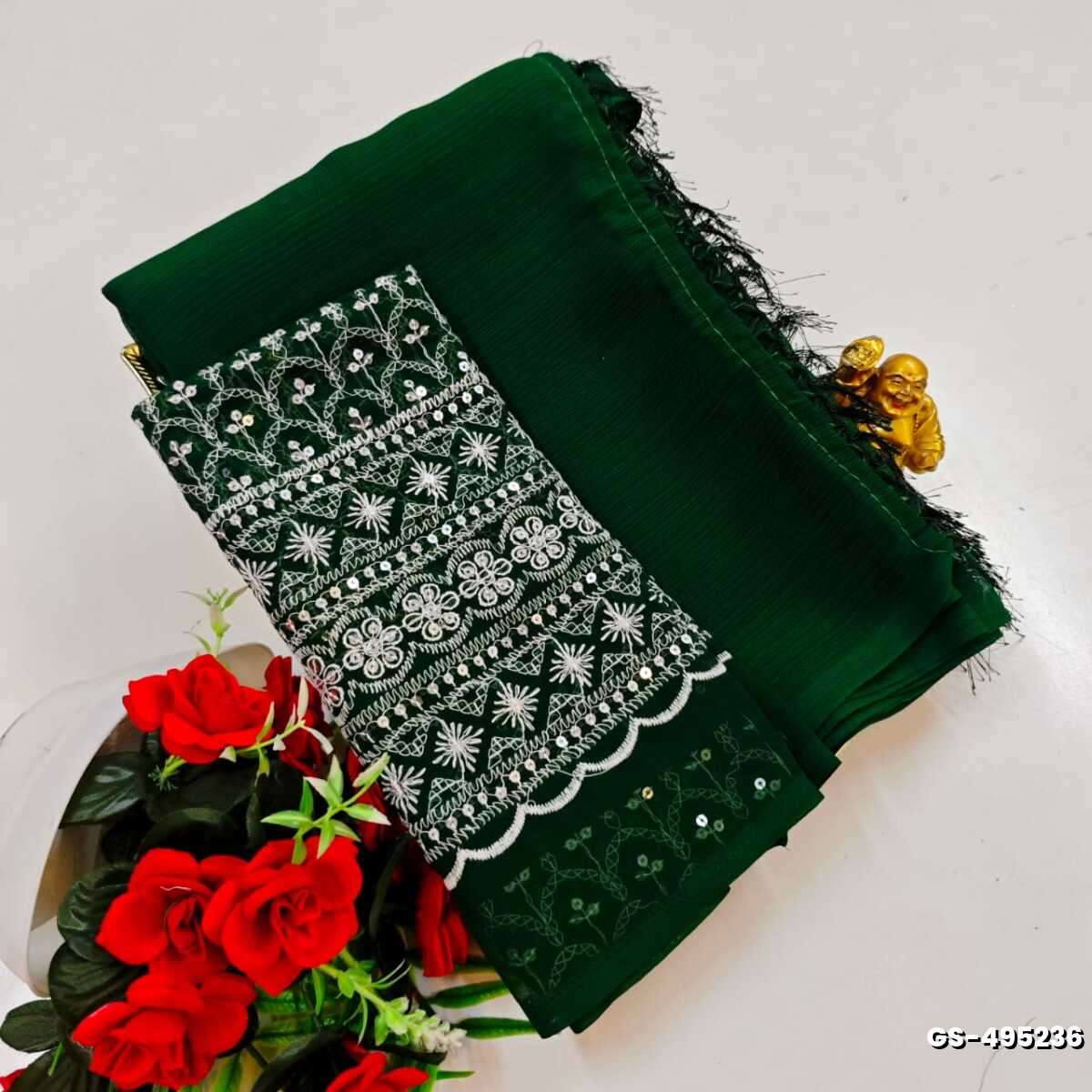 GEORGETTE FANCY SOFT SILK SAREES WITH BLOUSE MODERN FANCY ITEM SAREES - BOTTLE GREEN (6)