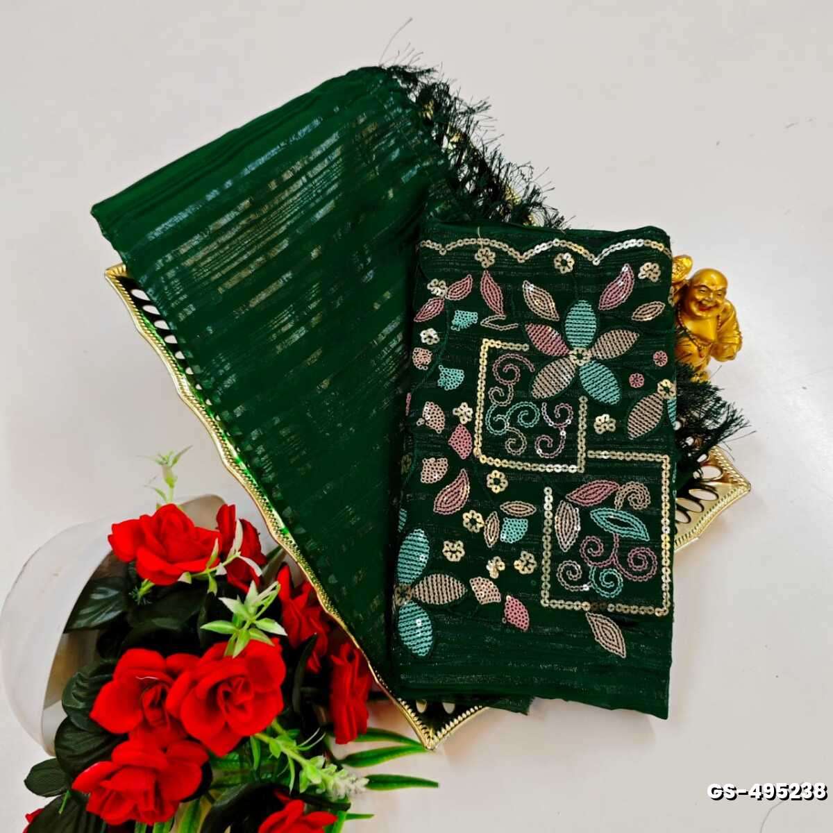 GEORGETTE FANCY SOFT SILK SAREES WITH BLOUSE MODERN FANCY ITEM SAREES - DARK GREEN (5)