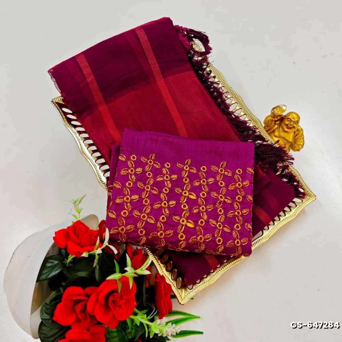 GEORGETTE FANCY SOFT SILK SAREES WITH BLOUSE MODERN FANCY ITEM SAREES - WINE COLOUR (5)