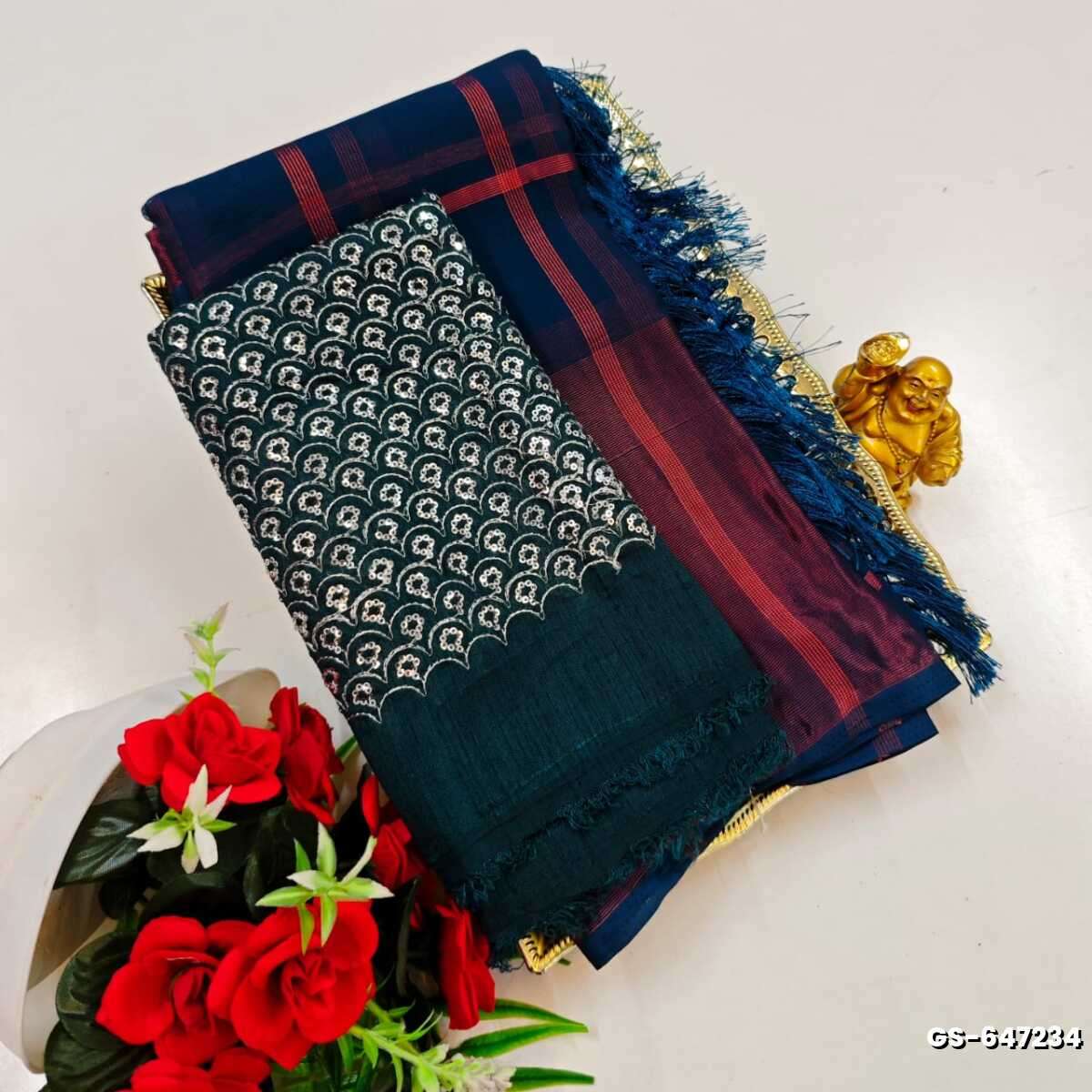 GEORGETTE FANCY SOFT SILK SAREES WITH BLOUSE MODERN FANCY ITEM SAREES - PEACOCK BLUE (5)