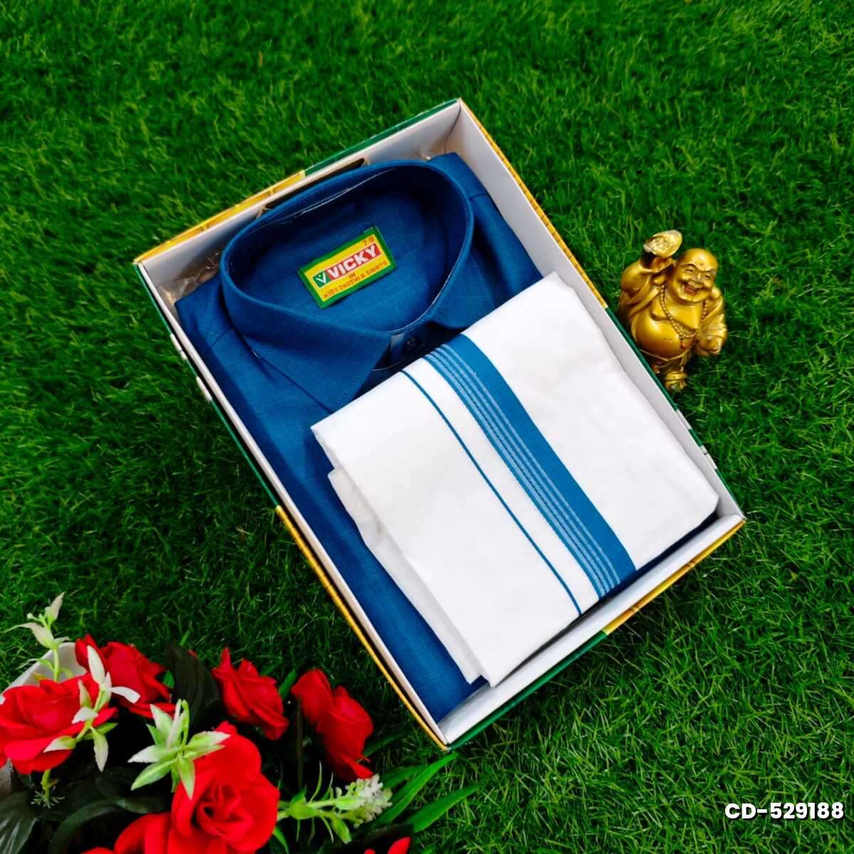 SHIRTS & DHOTIS COMBO FOR MENS ADJUSTABLE DHOTIS WITH COLOUR MATCHING BORDER BEST CHOICE FOR BOYS - PEACKOK BLUE