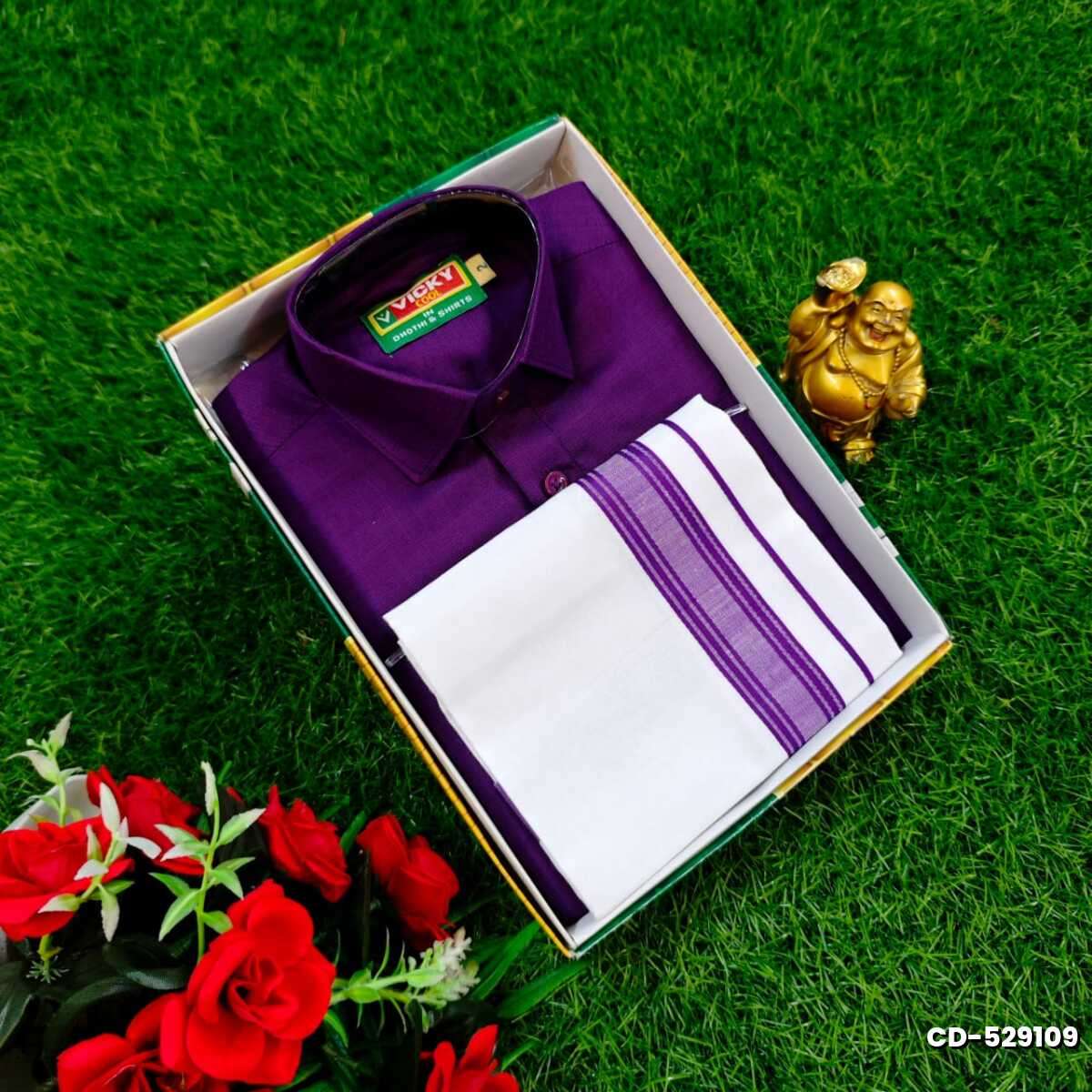SHIRTS & DHOTIS COMBO FOR MENS ADJUSTABLE DHOTIS WITH COLOUR MATCHING BORDER BEST CHOICE FOR BOYS - PURPLE COLOUR