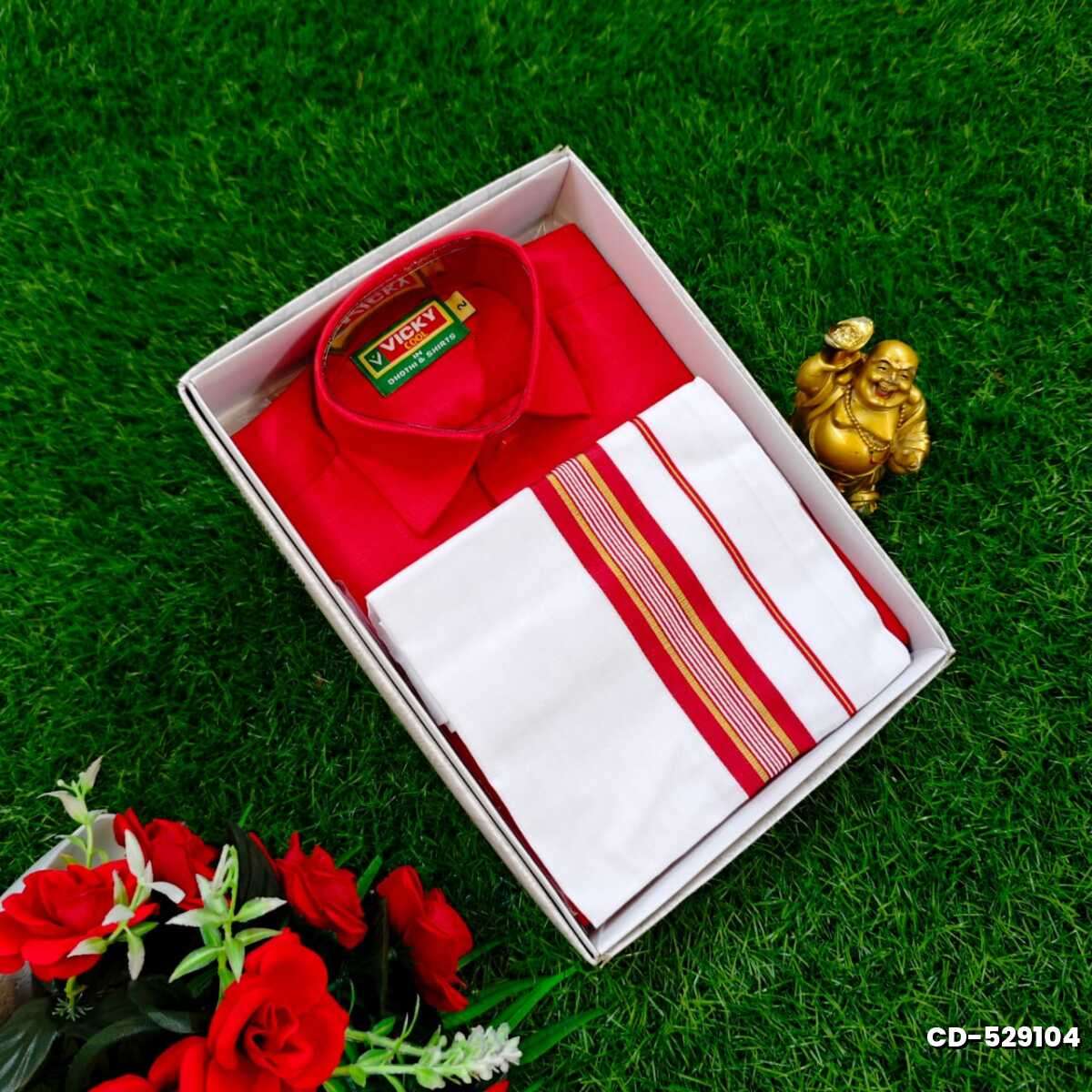 SHIRTS & DHOTIS COMBO FOR MENS ADJUSTABLE DHOTIS WITH COLOUR MATCHING BORDER BEST CHOICE FOR BOYS - RED (1)