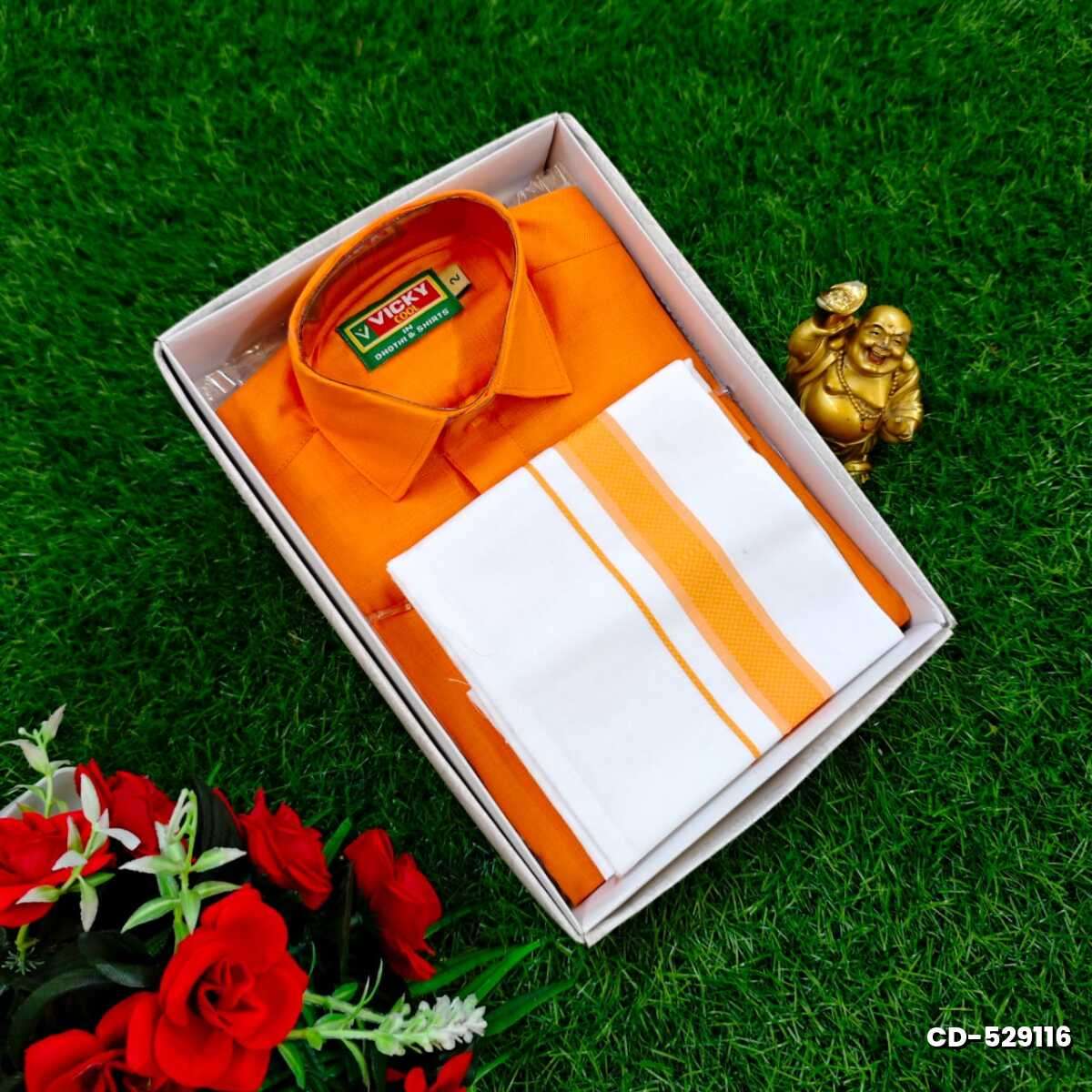 SHIRTS & DHOTIS COMBO FOR MENS ADJUSTABLE DHOTIS WITH COLOUR MATCHING BORDER BEST CHOICE FOR BOYS - ORANGE (1)