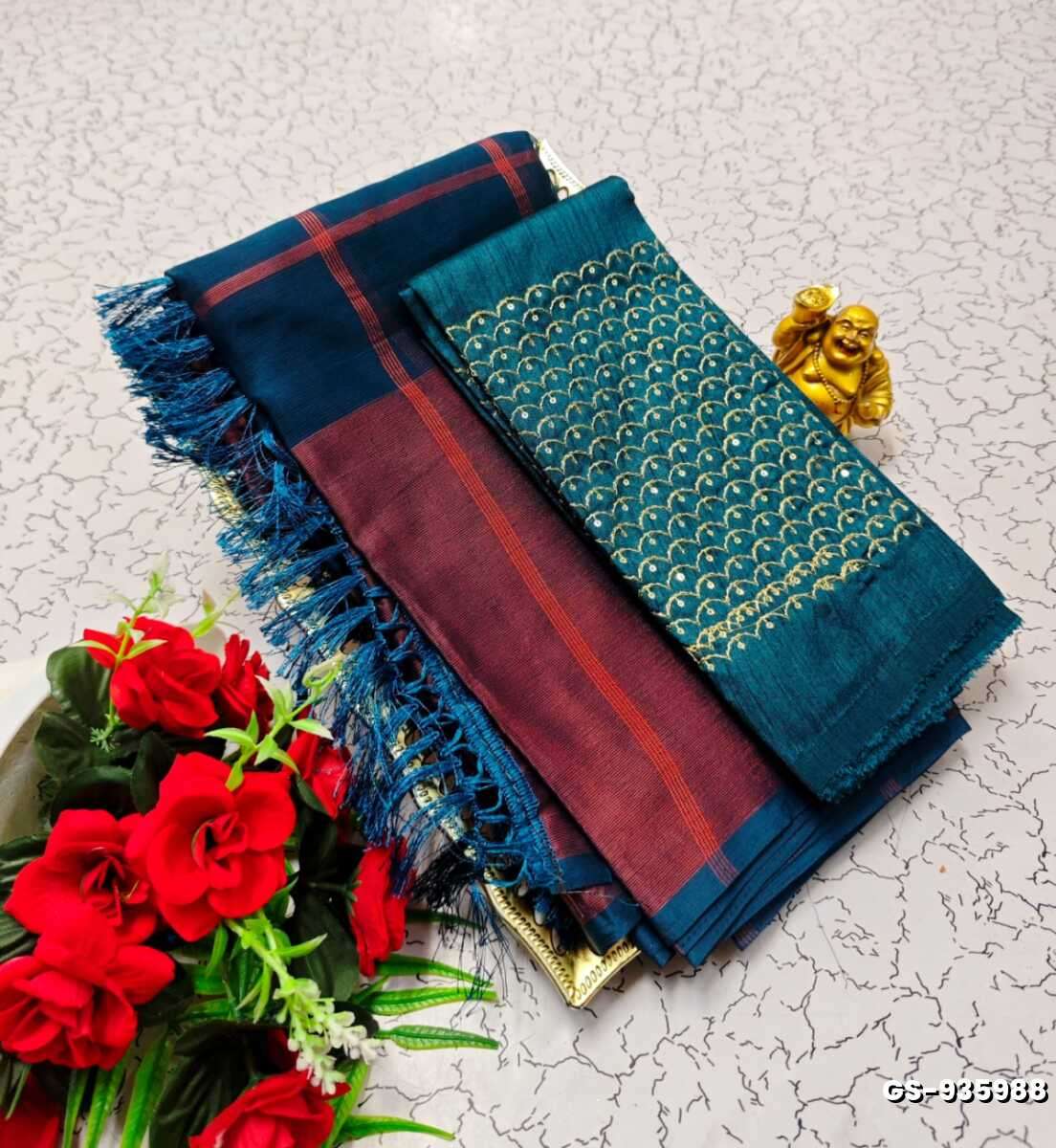 GEORGETTE FANCY SOFT SILK SAREES WITH BLOUSE MODERN FANCY ITEM SAREES - PEACKOK BLUE (12)