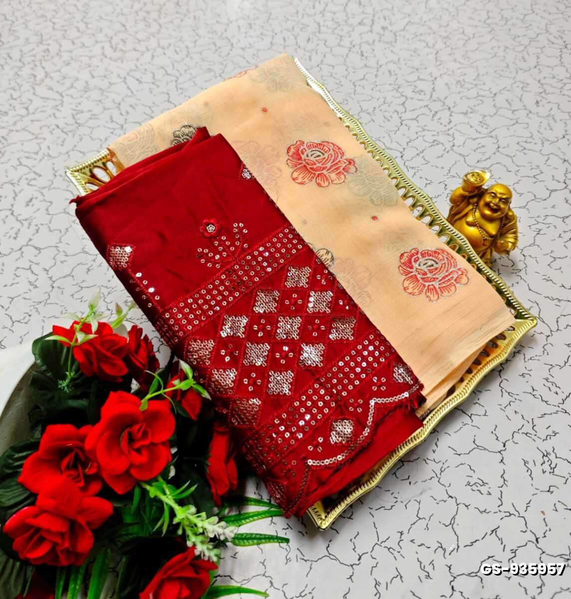 GEORGETTE FANCY SOFT SILK SAREES WITH BLOUSE MODERN FANCY ITEM SAREES - LIGHT ORANGE (4)