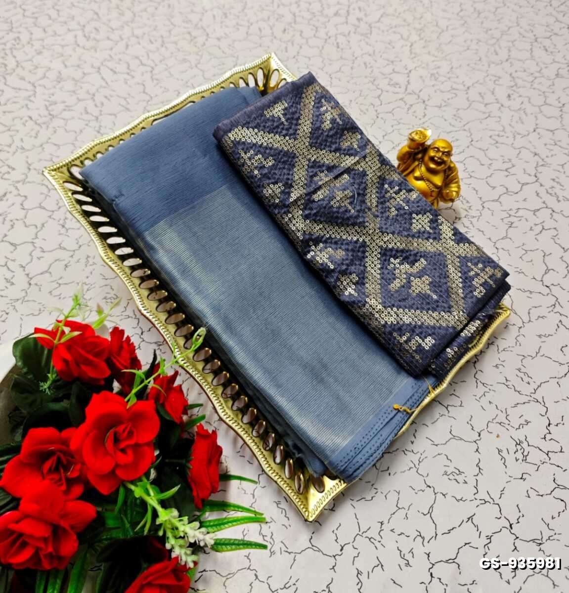 GEORGETTE FANCY SOFT SILK SAREES WITH BLOUSE MODERN FANCY ITEM SAREES - METALLIC SILVAR