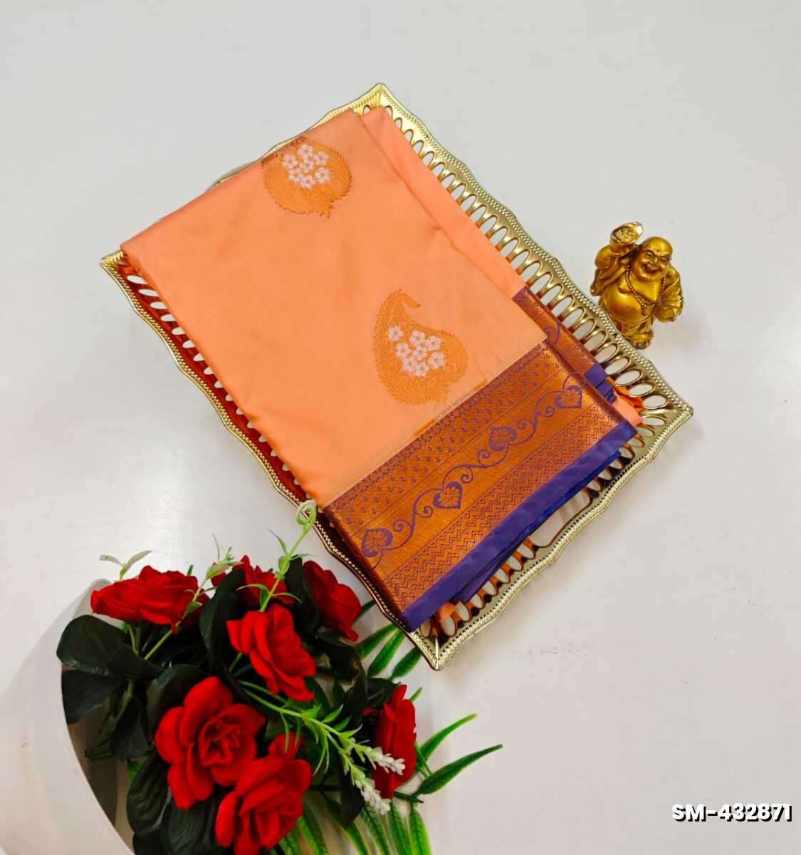 A modern take on the multi-colored nature of the meena zari work sarees - PEACH COLOUR