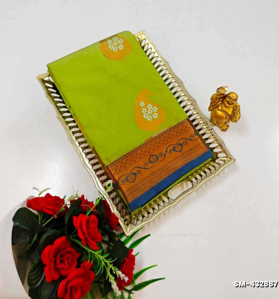 A modern take on the multi-colored nature of the meena zari work sarees - FLORAISON GREEN