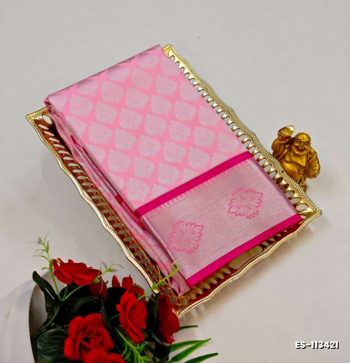 BRIDAL SILK GOLD SILVAR AND COPPER ZARI WEAVE AND WEDDING ART SILK SAREES - BABY PINK (13)