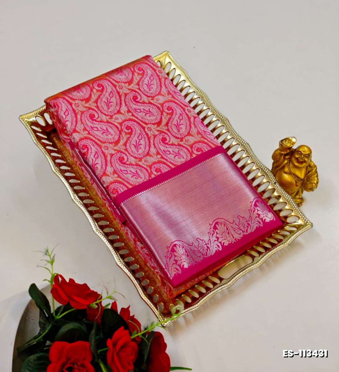 BRIDAL SILK GOLD SILVAR AND COPPER ZARI WEAVE AND WEDDING ART SILK SAREES - DARK PINK (14)