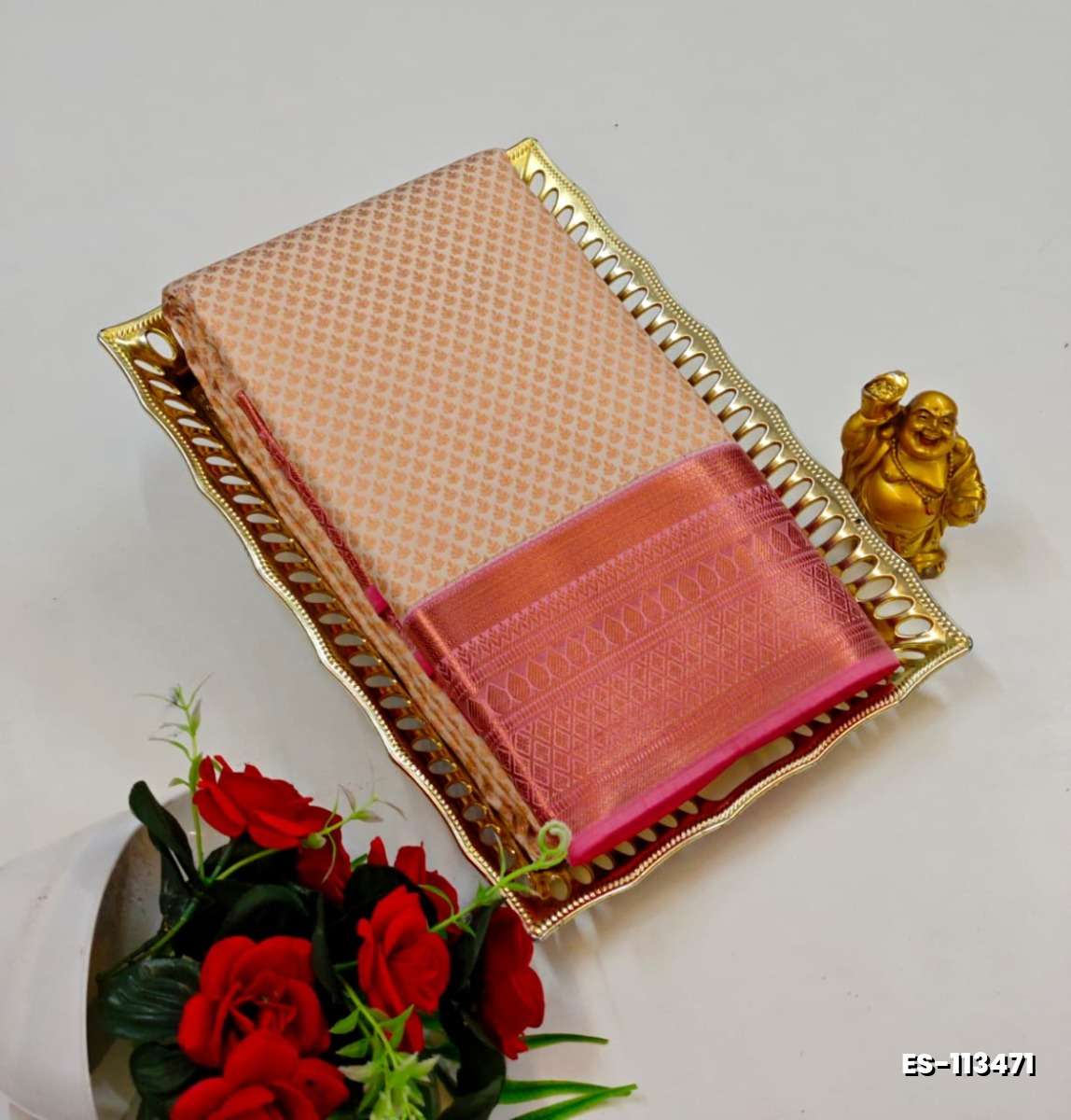 BRIDAL SILK GOLD SILVAR AND COPPER ZARI WEAVE AND WEDDING ART SILK SAREES - PEACH COLOUR (5)