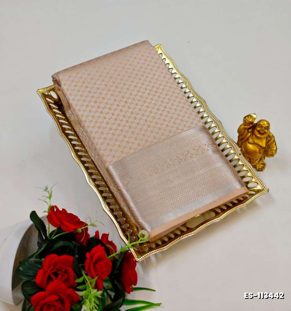 BRIDAL SILK GOLD SILVAR AND COPPER ZARI WEAVE AND WEDDING ART SILK SAREES - LIGHT PEACH (4)