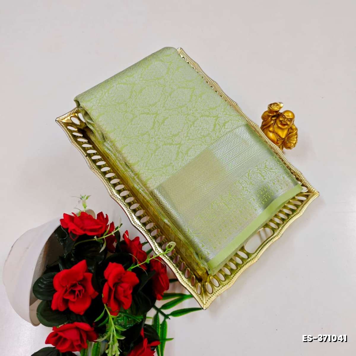 BRIDAL SILK GOLD SILVAR AND COPPER ZARI WEAVE AND WEDDING ART SILK SAREES - LIGHT GREEN (7)