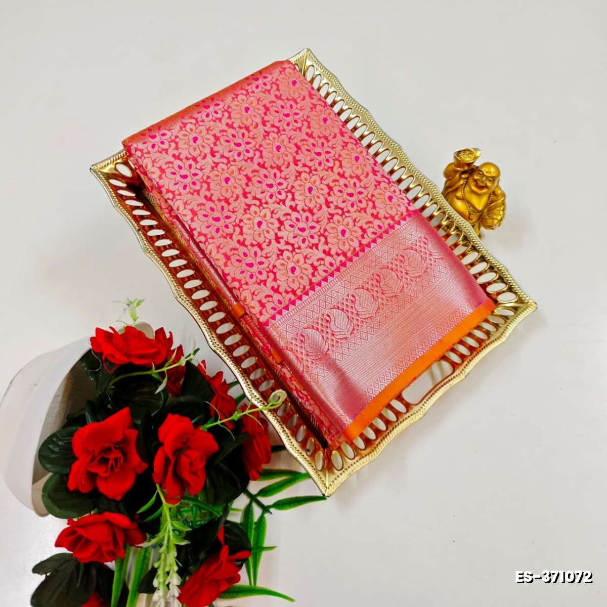 BRIDAL SILK GOLD SILVAR AND COPPER ZARI WEAVE AND WEDDING ART SILK SAREES - CORAL COLOUR (7)