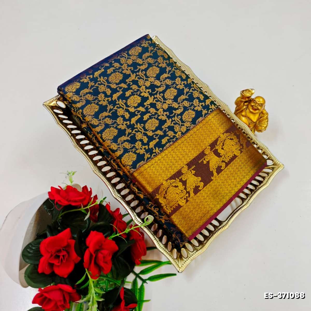 BRIDAL SILK GOLD SILVAR AND COPPER ZARI WEAVE AND WEDDING ART SILK SAREES - PEACKOK BLUE (3)