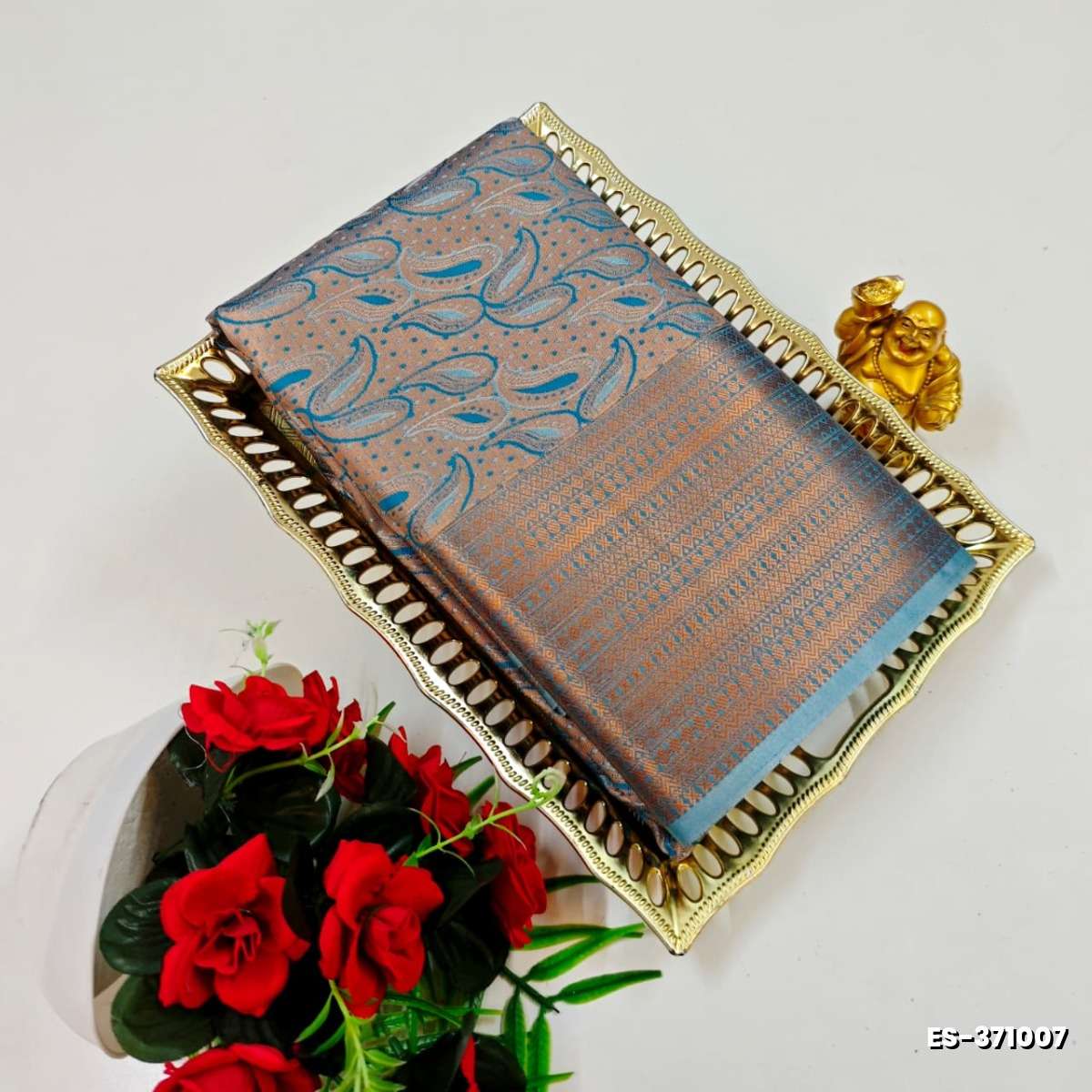 BRIDAL SILK GOLD SILVAR AND COPPER ZARI WEAVE AND WEDDING ART SILK SAREES - TEAL COLOUR (1)