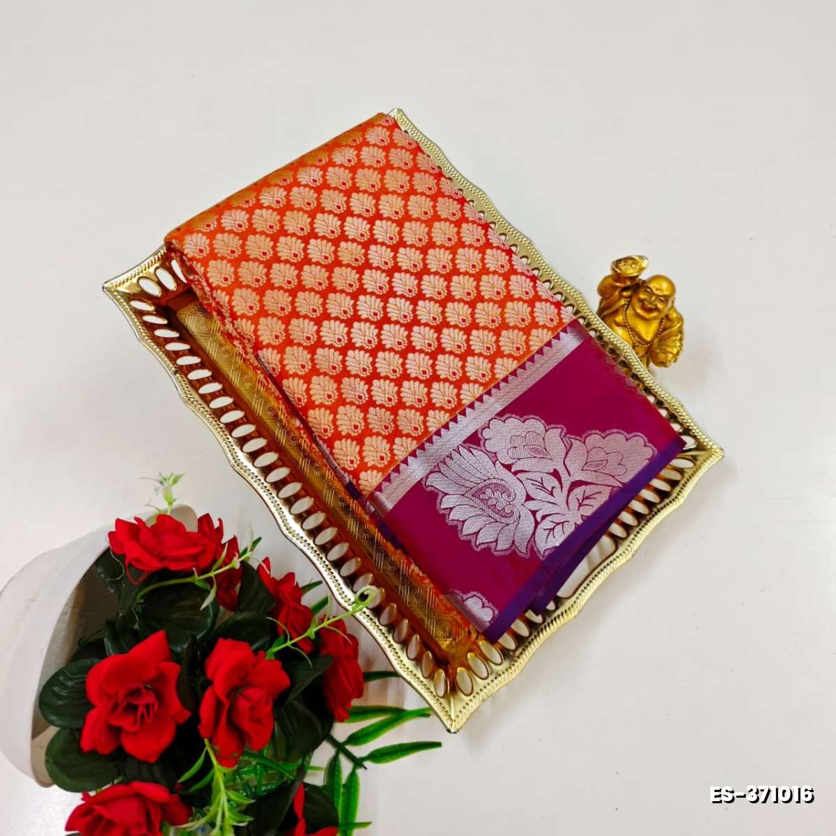 BRIDAL SILK GOLD SILVAR AND COPPER ZARI WEAVE AND WEDDING ART SILK SAREES - ORANGE (10)