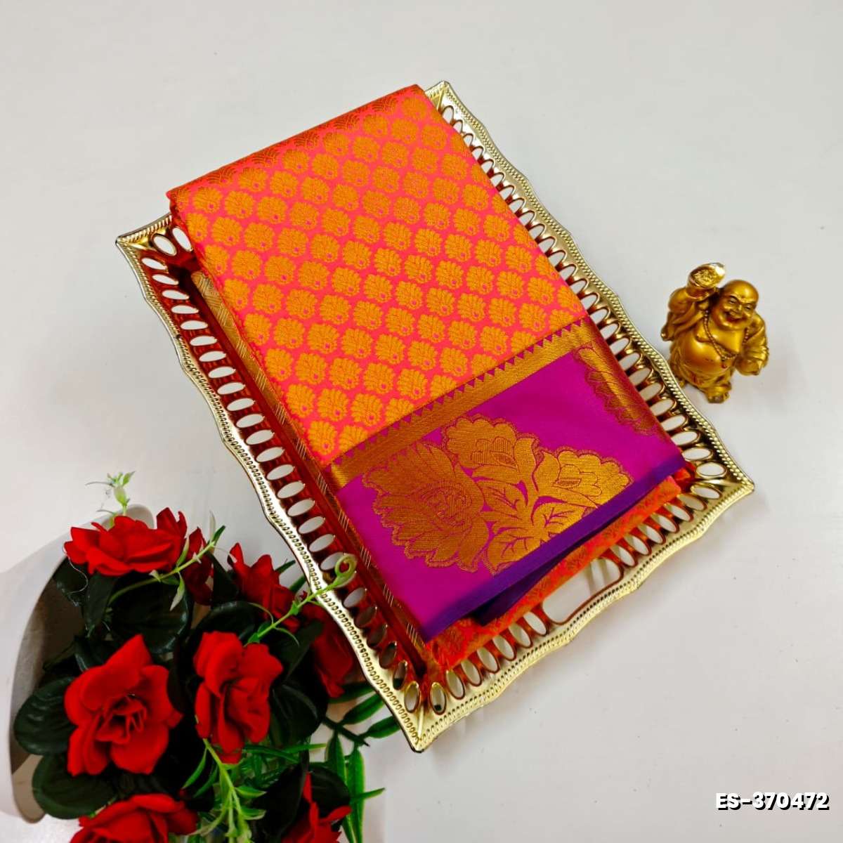BRIDAL SILK GOLD SILVAR AND COPPER ZARI WEAVE AND WEDDING ART SILK SAREES - CORAL COLOUR (8)
