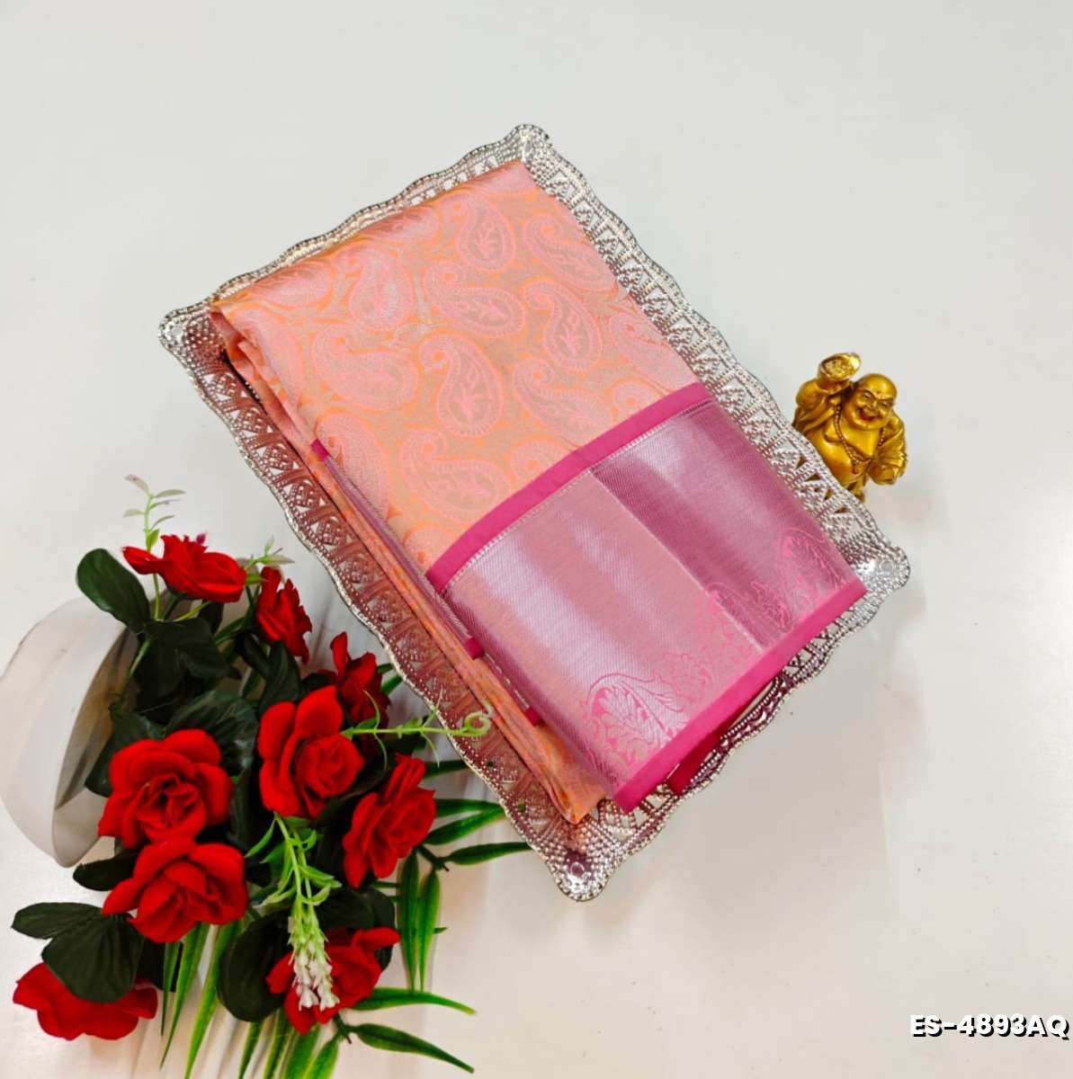 BRIDAL SILK GOLD SILVAR AND COPPER ZARI WEAVE AND WEDDING ART SILK SAREES - LITE PEACH (2)