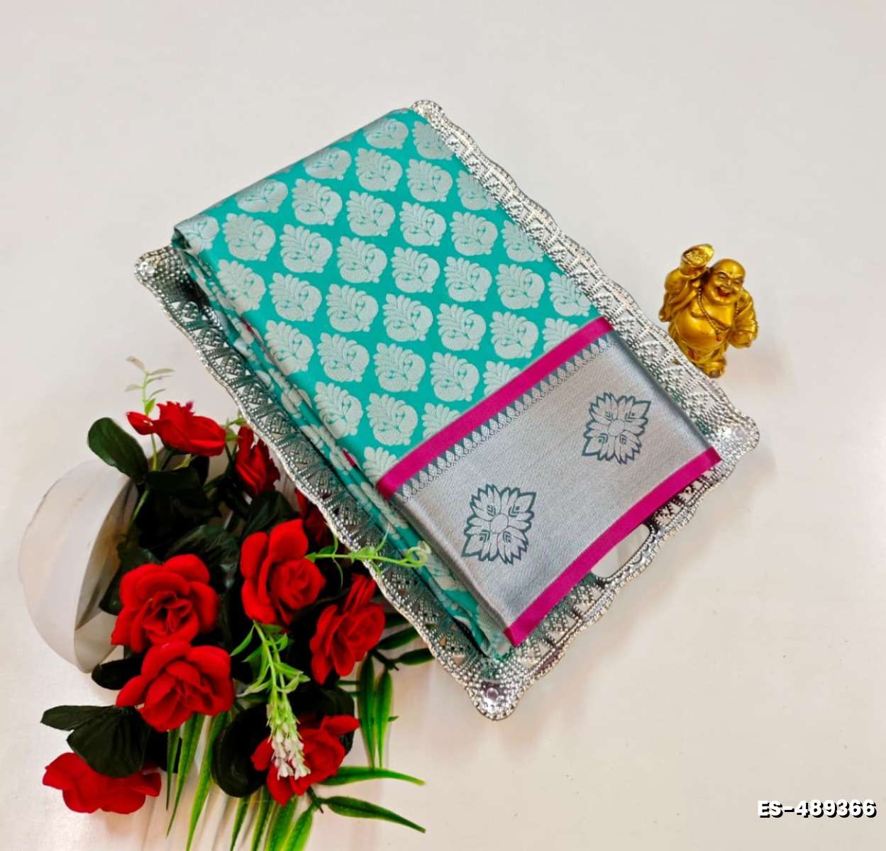 BRIDAL SILK GOLD SILVAR AND COPPER ZARI WEAVE AND WEDDING ART SILK SAREES - TUQUOISE (5)