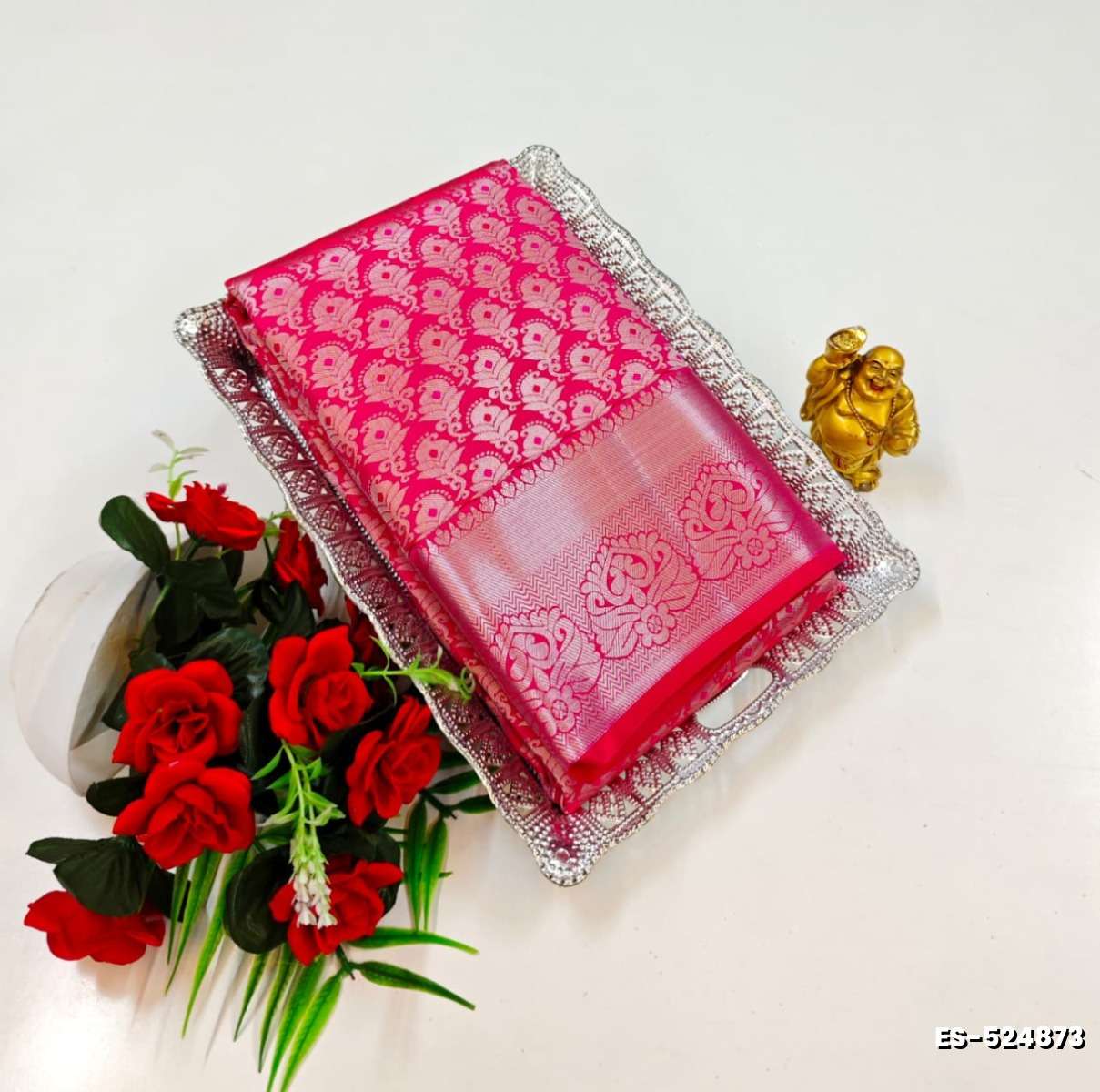 BRIDAL SILK GOLD SILVAR AND COPPER ZARI WEAVE AND WEDDING ART SILK SAREES - RUBY COLOUR (4)