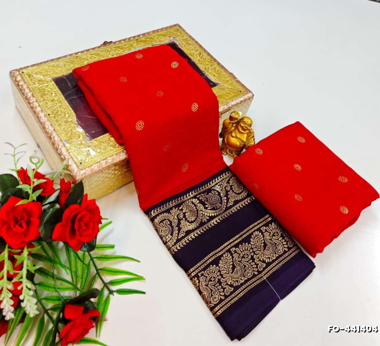 Designer party wear chiffon foil print saree - RED (5)