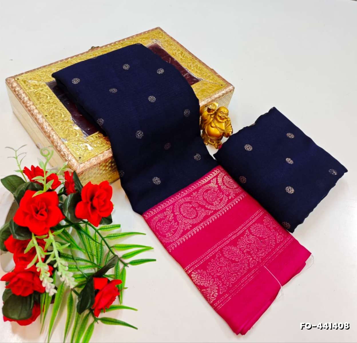 Designer party wear chiffon foil print saree - NAVY COLOUR