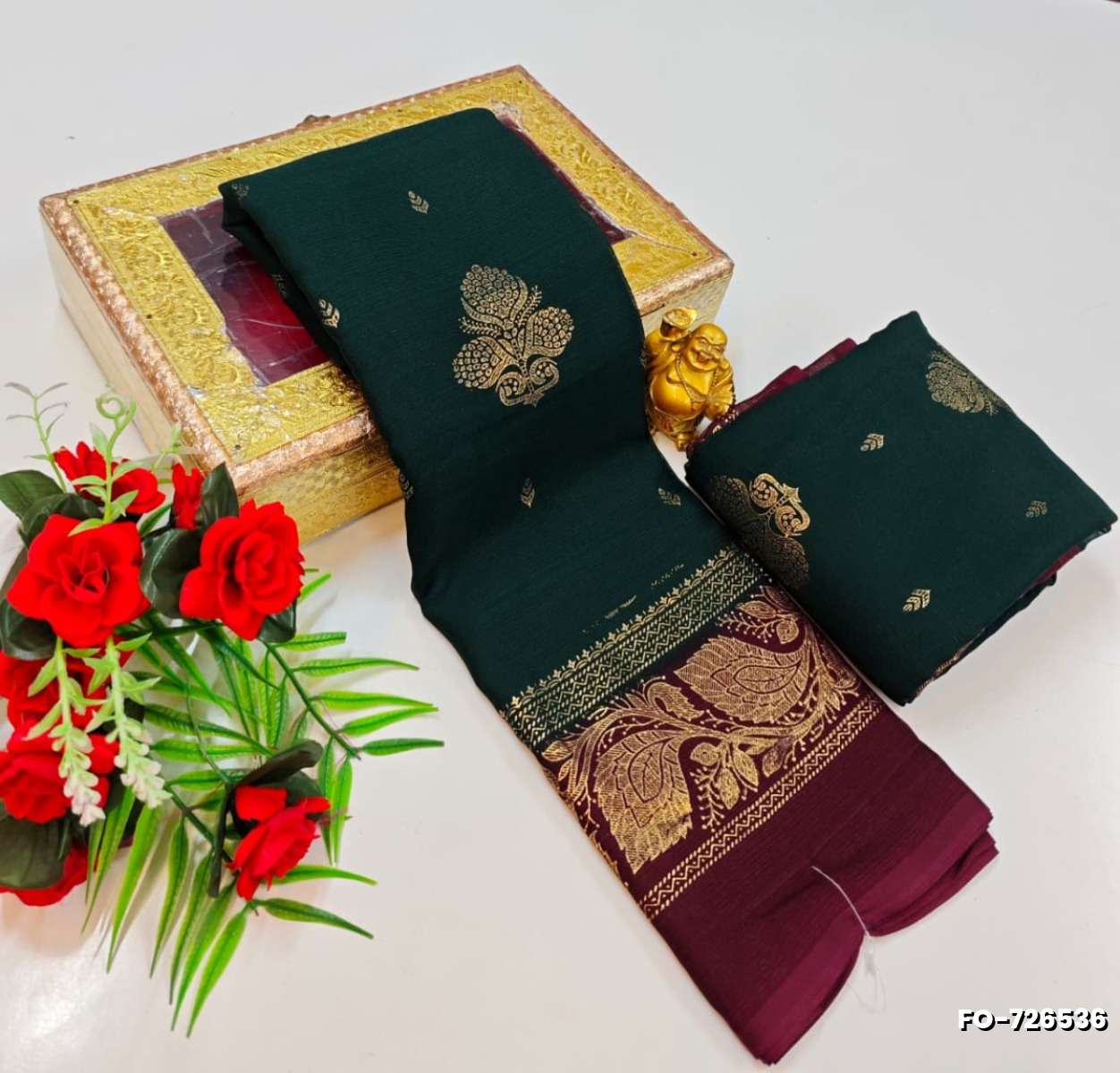 Designer party wear chiffon foil print saree - BOTTLE GREEN (2)