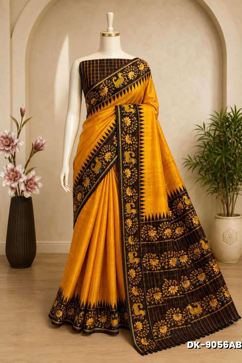 DIGITAL PRINTING DOLA SILK COTTON SAREES - GOLDEN