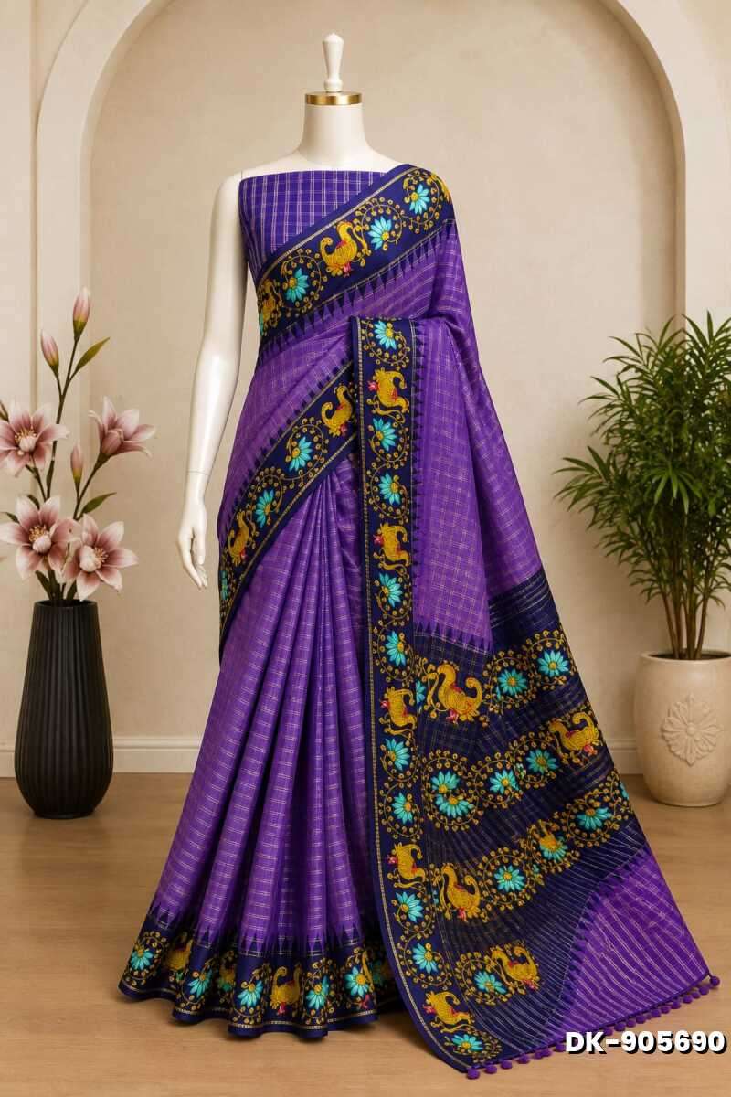 DIGITAL PRINTING DOLA SILK COTTON SAREES - BRINJAL COLOUR