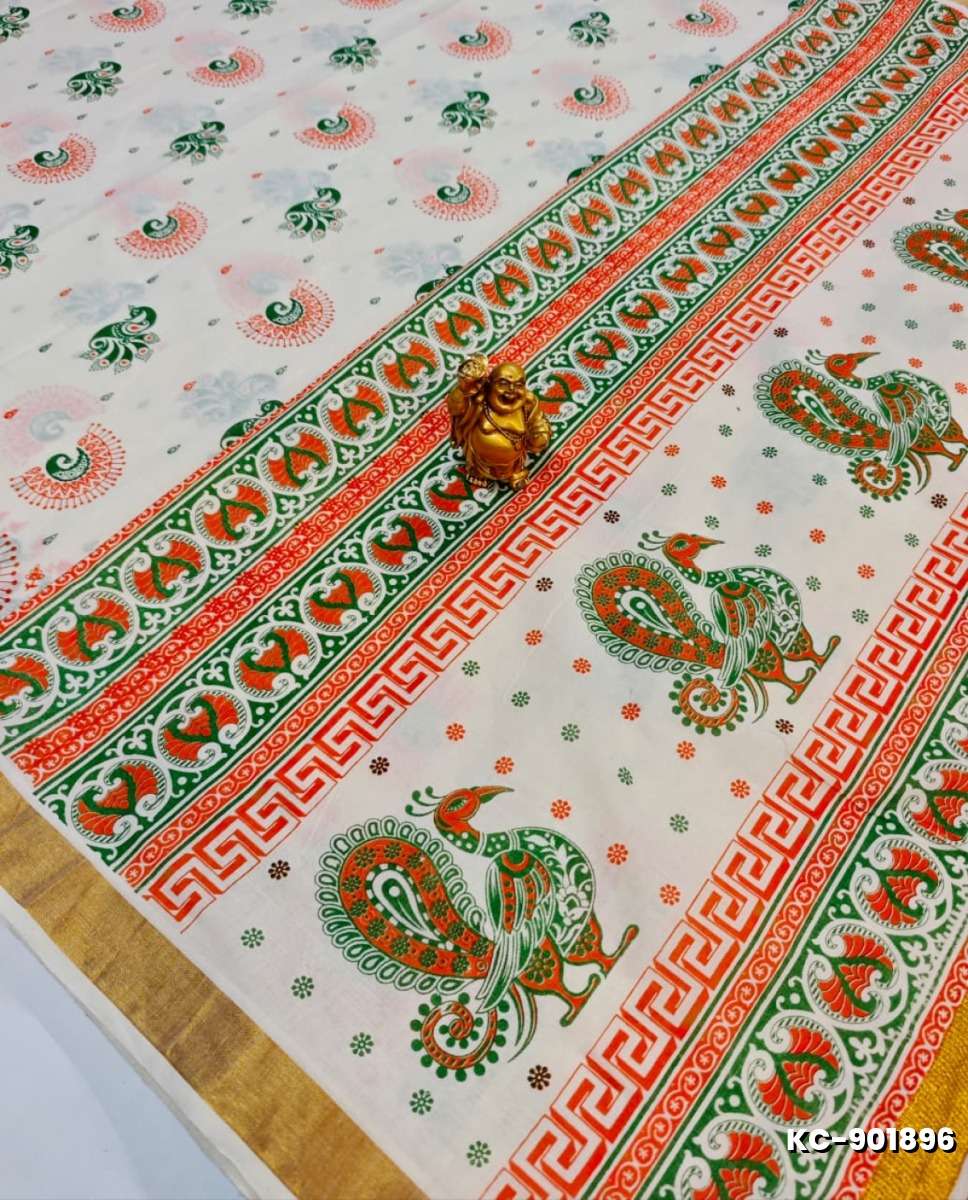 TRENDING KERALA SPECIAL FULL WORK EMBOSSED DIGITAL PRINTING SAREE COLLECTIONS - WHITE N (1)
