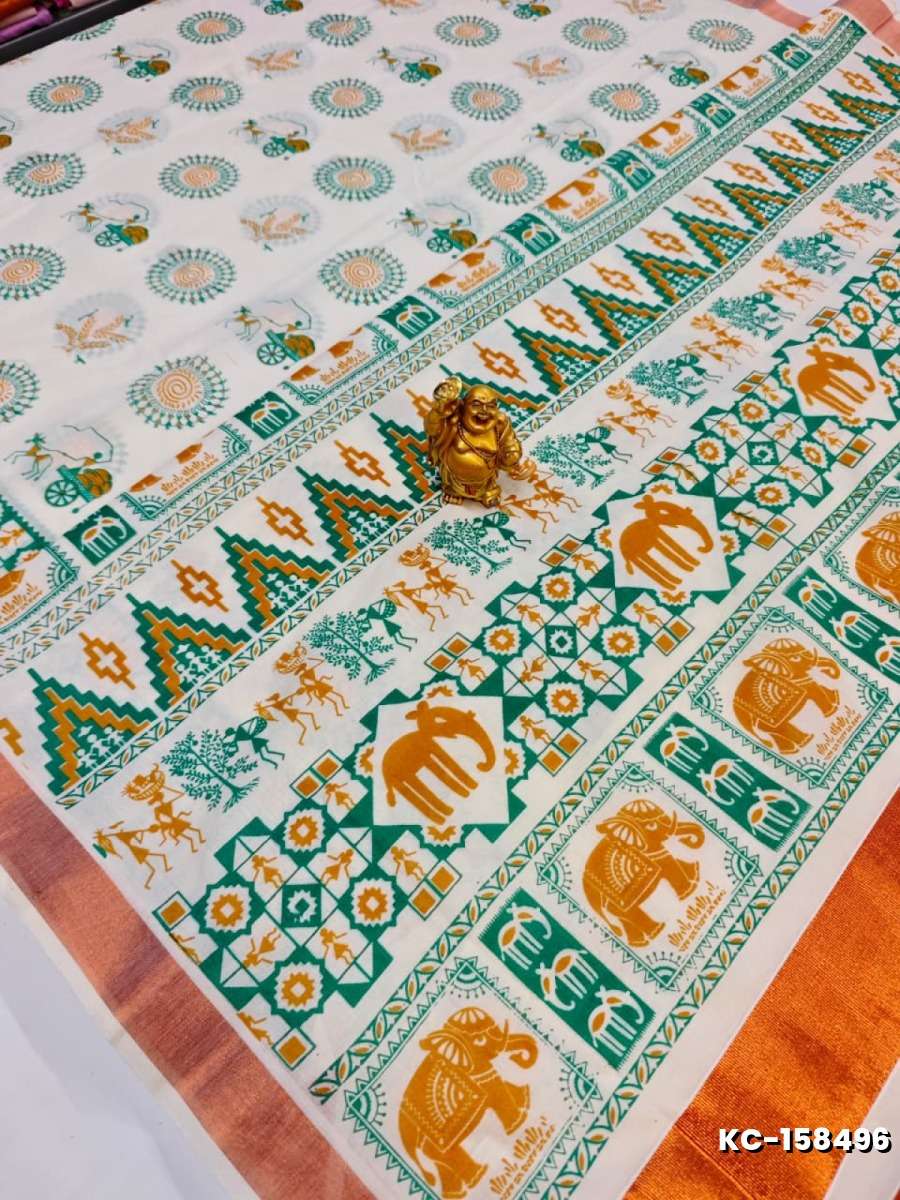 TRENDING KERALA SPECIAL FULL WORK EMBOSSED DIGITAL PRINTING  SAREE COLLECTIONS - WHITE N (2)