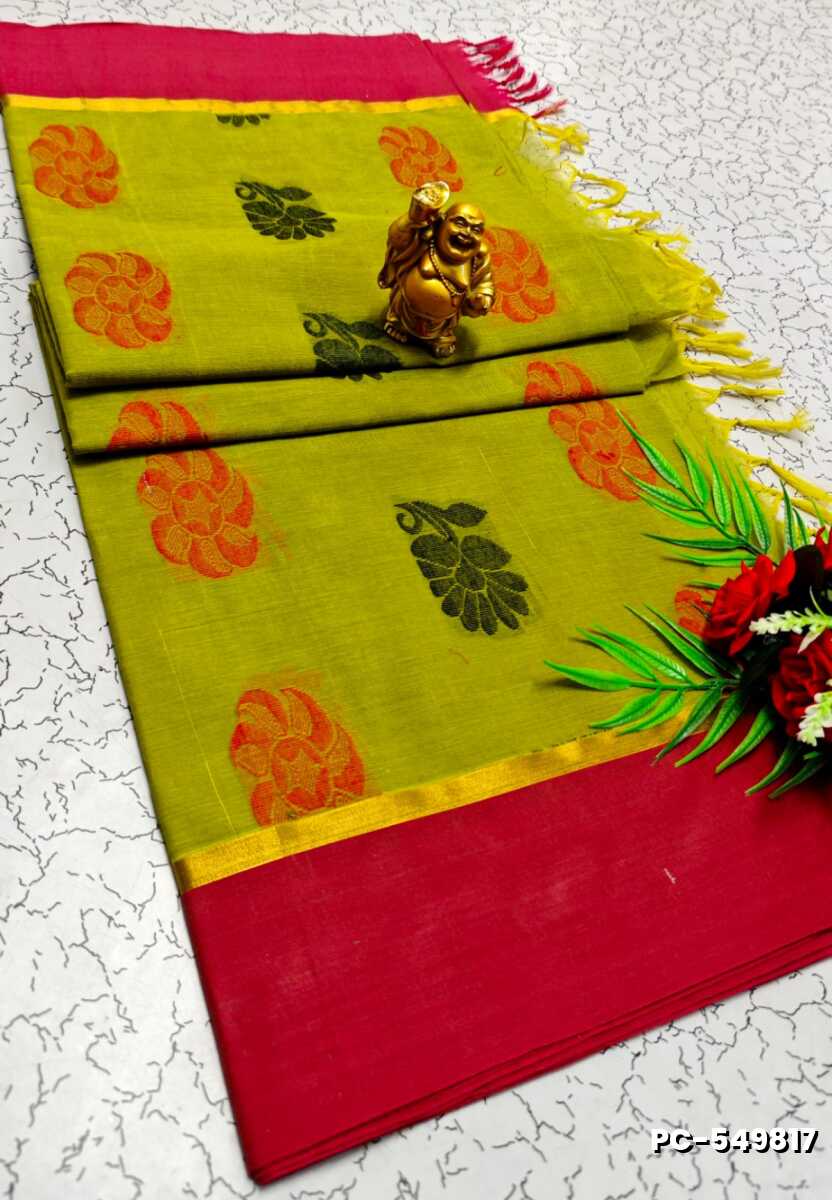 PURE COTTON HAND WORK BUTTAS SAREES SUMMER SPECIAL COLLECTION - OLIVE GREEN (1)
