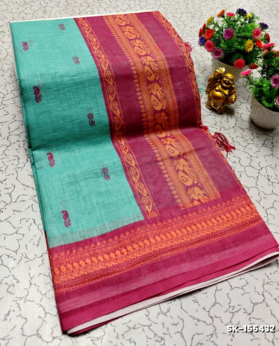 DIGITAL PRINTING KALIYANI LINEN COTTON SAREES - LIGHT SKY BLUE