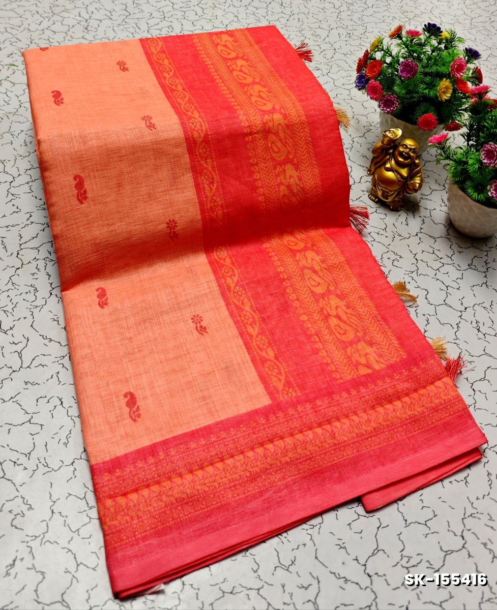DIGITAL PRINTING KALIYANI LINEN COTTON SAREES - ORANGE