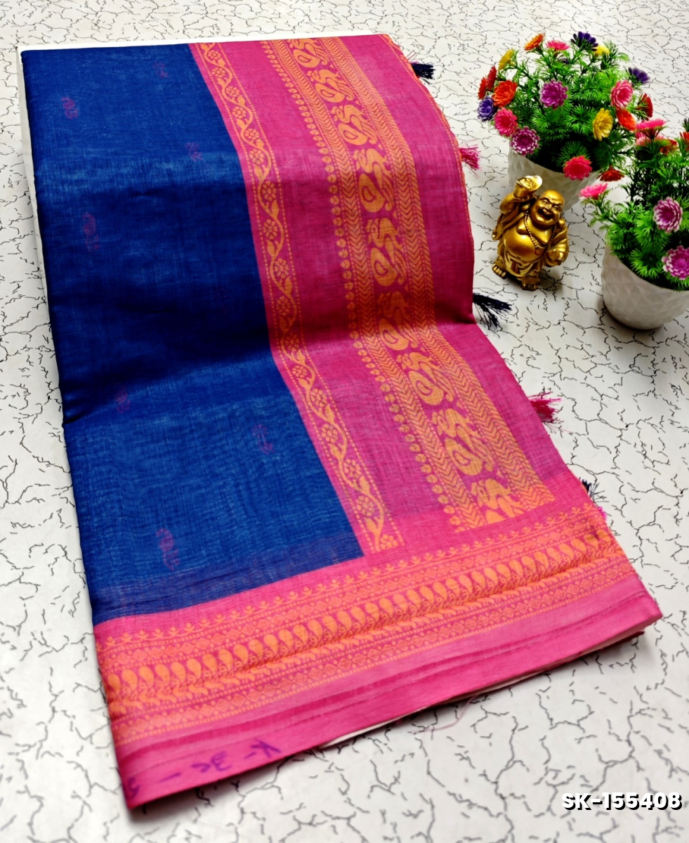 DIGITAL PRINTING KALIYANI LINEN COTTON SAREES - NAVY COLOUR
