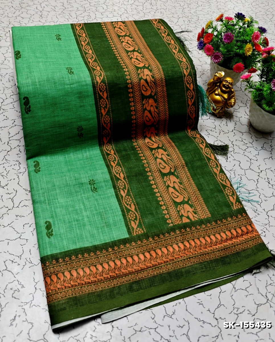 DIGITAL PRINTING KALIYANI LINEN COTTON SAREES - DARK SKY BLUE