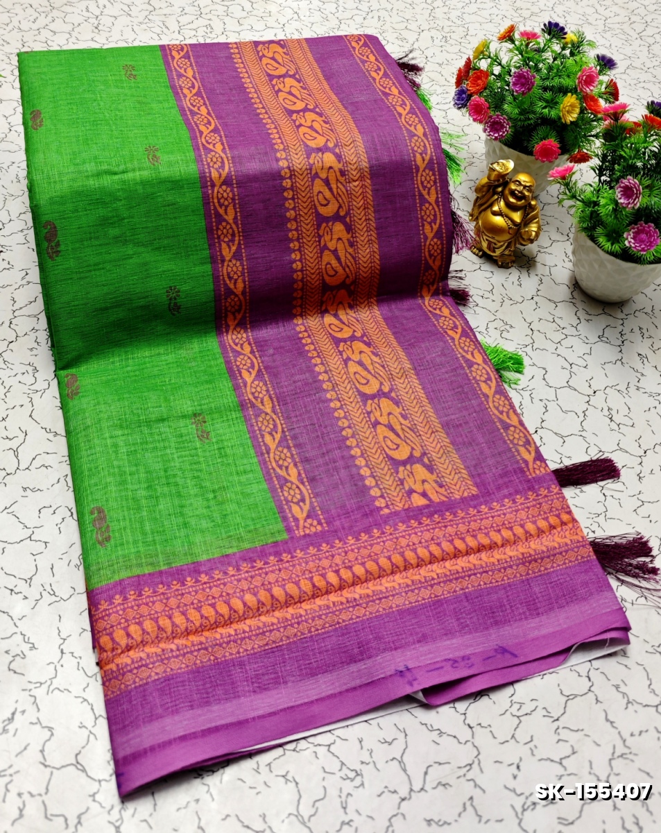 DIGITAL PRINTING KALIYANI LINEN COTTON SAREES - TEAL COLOUR