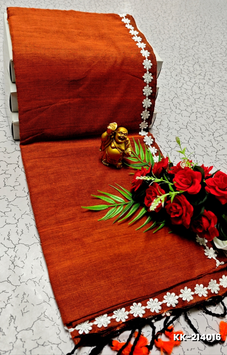 Handloom Khadi Cotton Saree With Hand Painted  Work - ORANGE