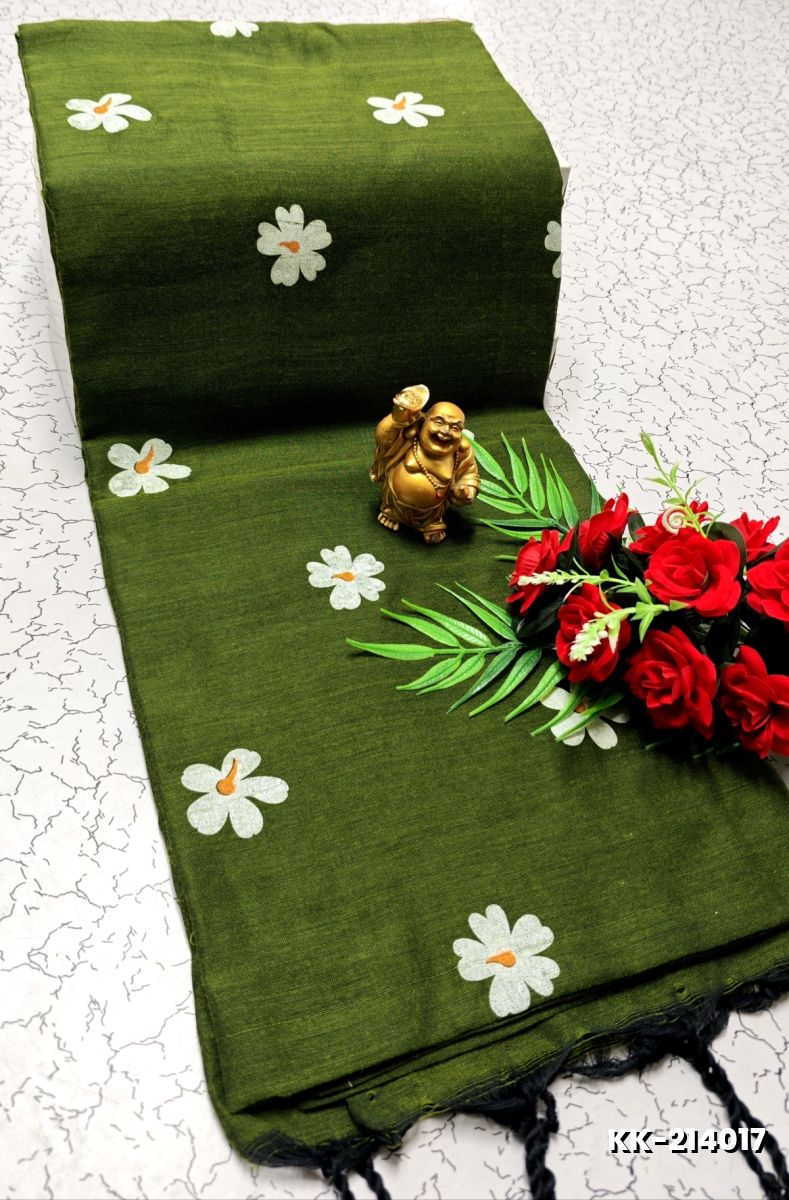 Handloom Khadi Cotton Saree With Hand Painted  Work - OLIVE GREEN