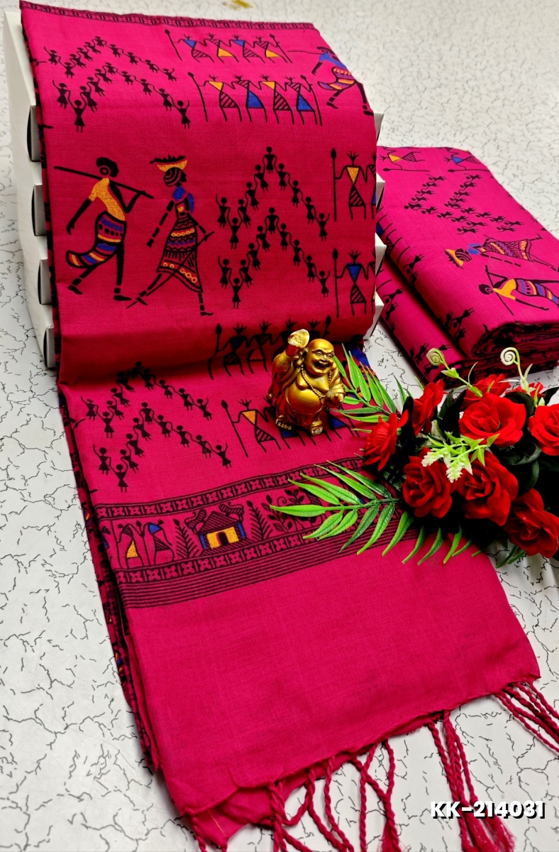Handloom Khadi Cotton Saree With Hand Painted  Work - DARK PINK