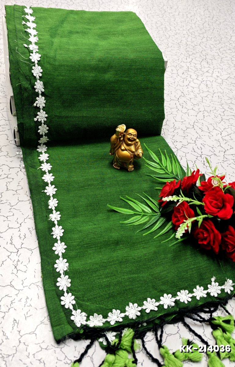 Handloom Khadi Cotton Saree With Hand Painted  Work - BOTTLE GREEN