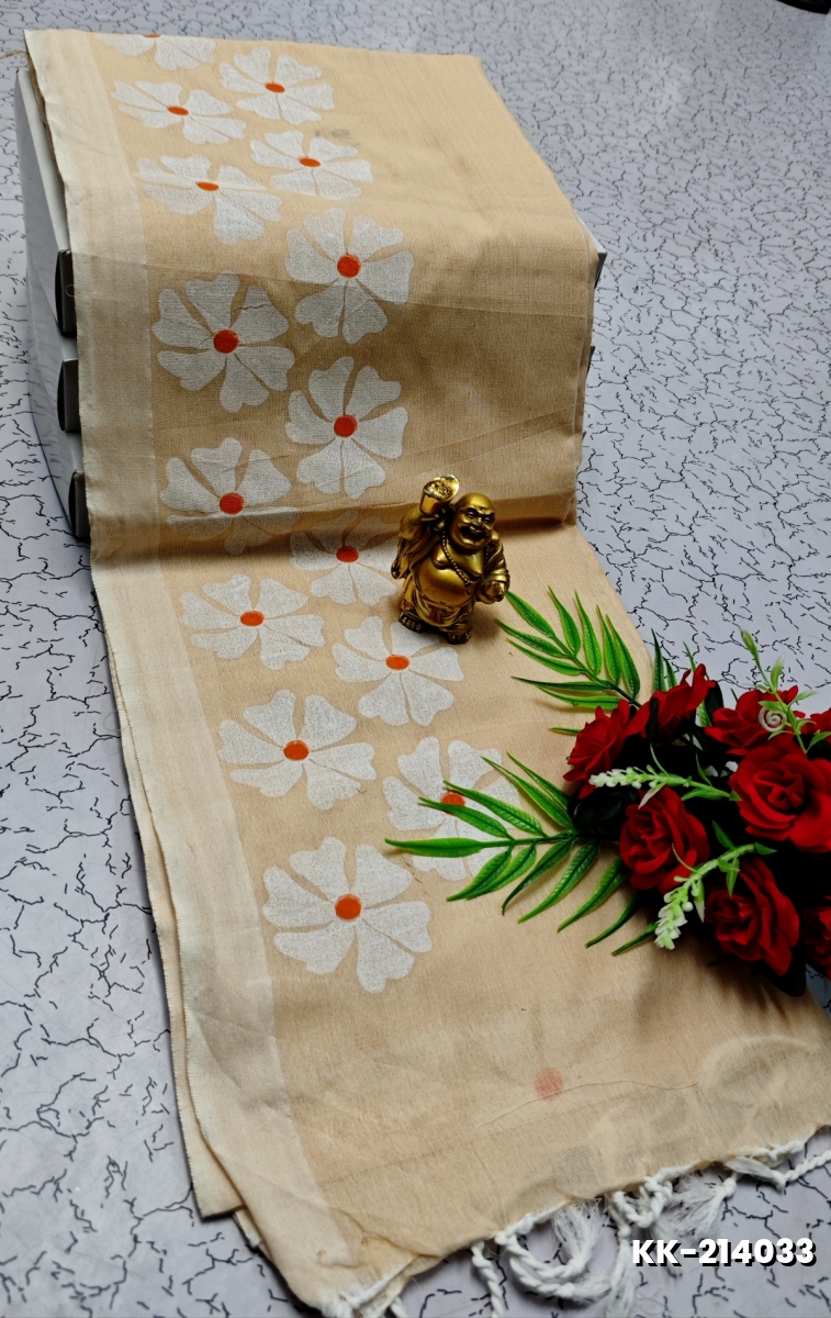 Handloom Khadi Cotton Saree With Hand Painted  Work - CREAM