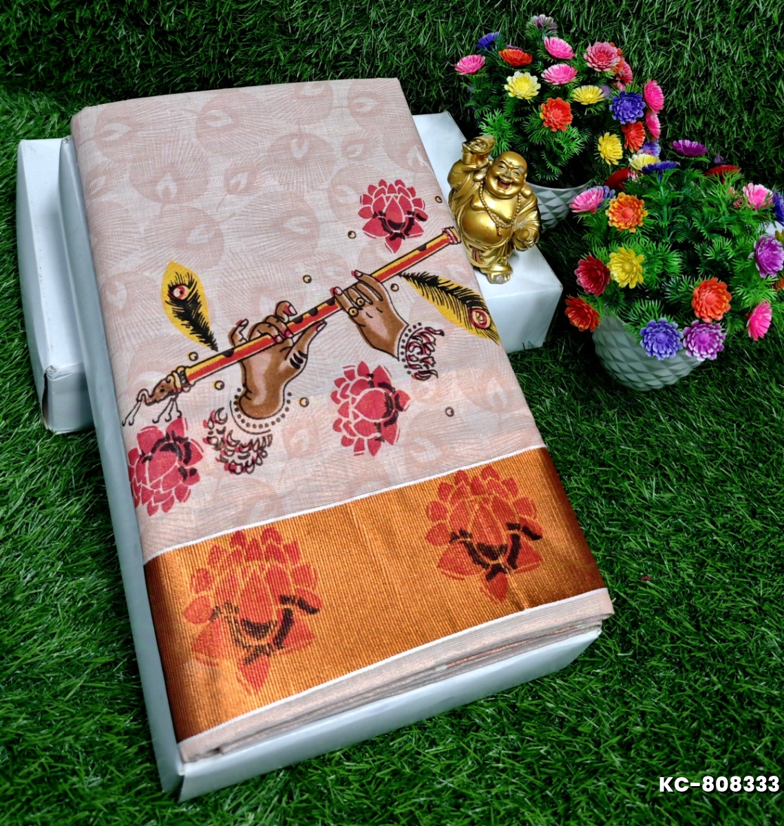 TRENDING KERALA SPECIAL FULL WORK EMBOSSED DIGITAL PRINTING TISSUE SAREE COLLECTIONS - CREAM (2)