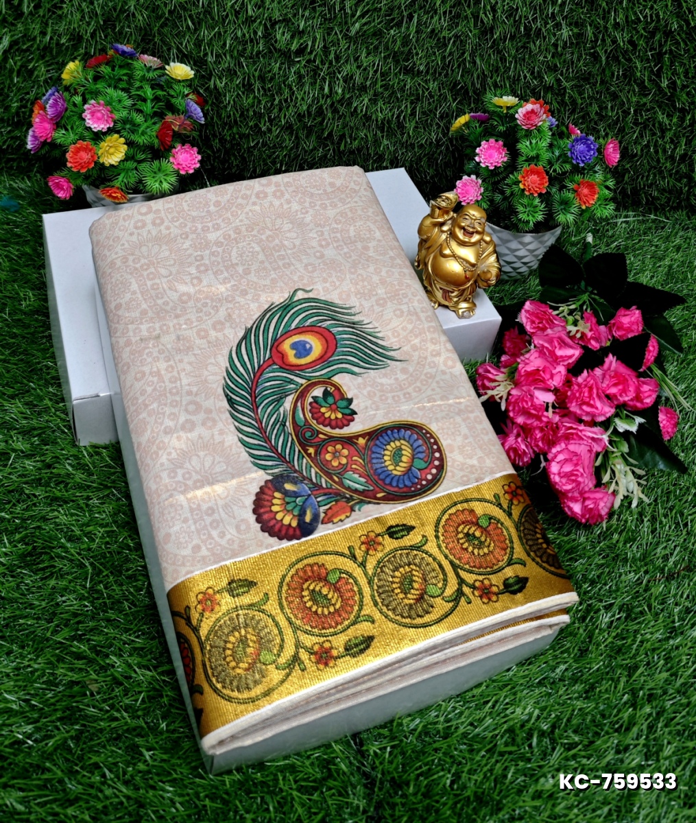 TRENDING KERALA SPECIAL FULL WORK EMBOSSED DIGITAL PRINTING TISSUE SAREE COLLECTIONS - CREAM (3)